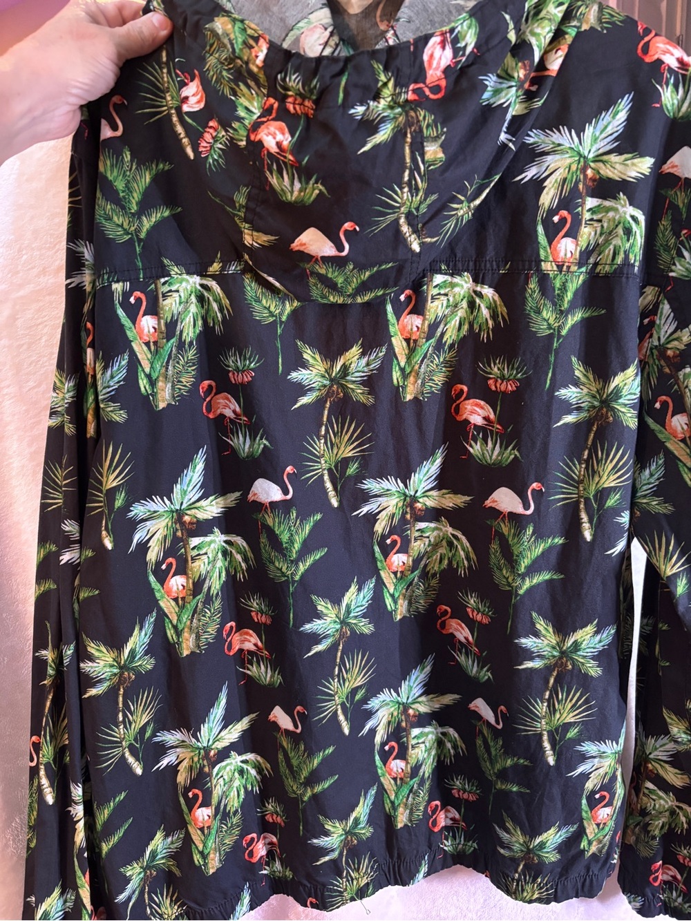 Denim & Flower Black Hoodie with Green Palm & Pink Flamingo Print - Picture 2 of 10